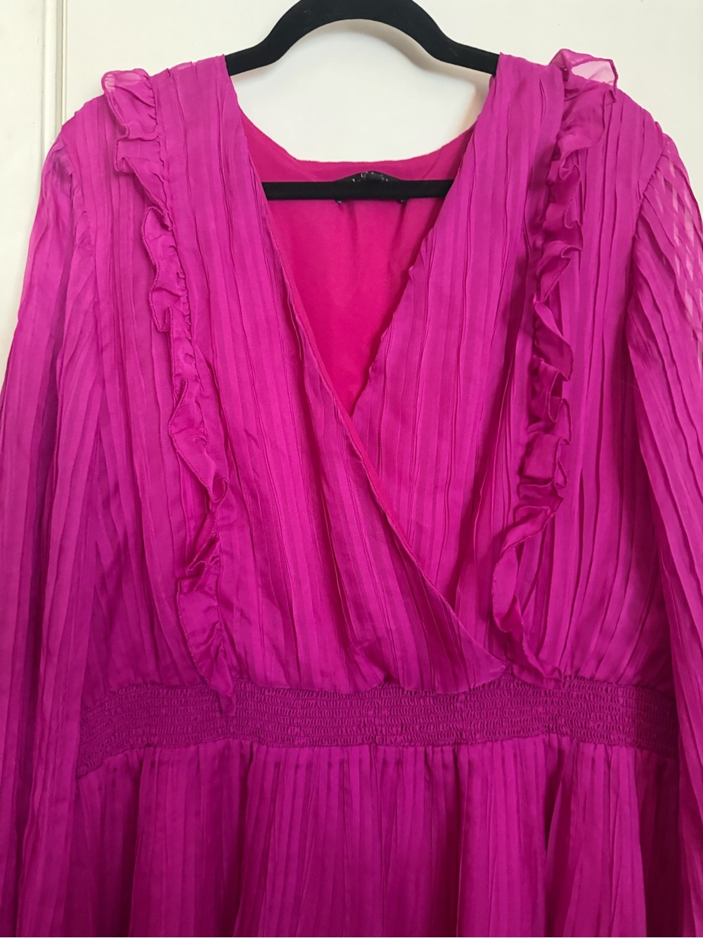 Eloquii Bold Fuchsia Long Sleeve Ruffled V-Neck Midi Dress - Picture 2 of 7